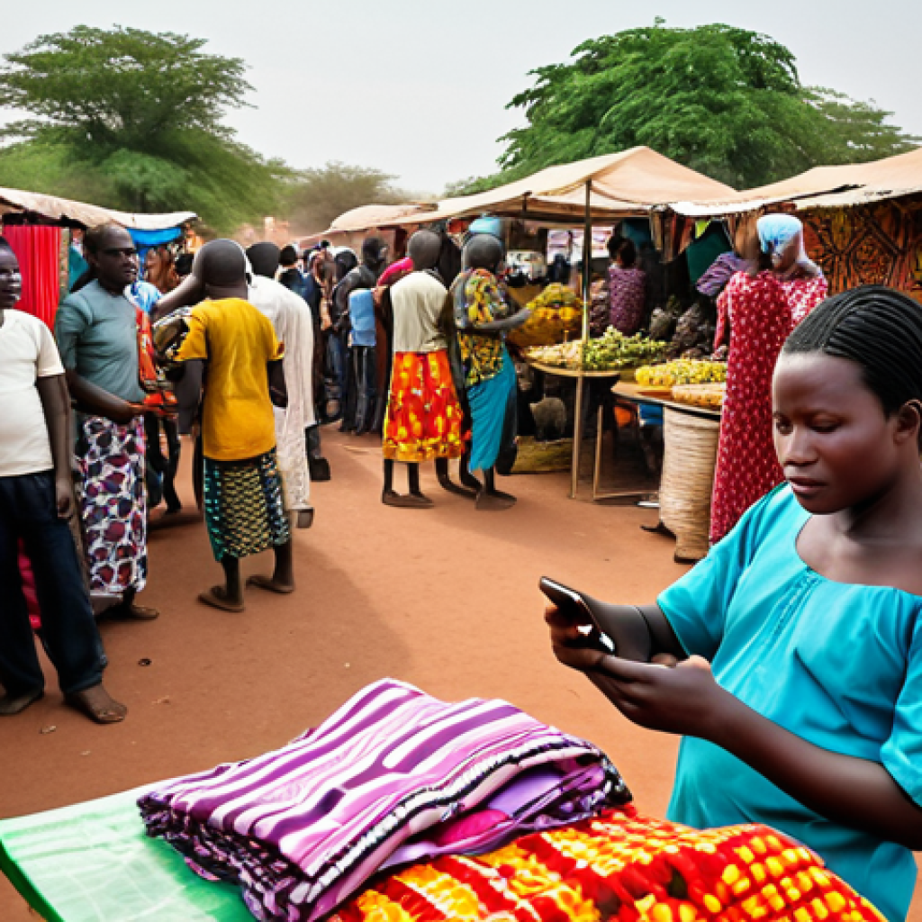 **A Burkinabé market scene:** Focus on a vibrant, bustling market in Burkina Faso. Show vendors using smartphones to conduct mobile money transactions with customers. Include colorful fabrics, local produce, and diverse people. Emphasize the blending of traditional market life with modern technology.