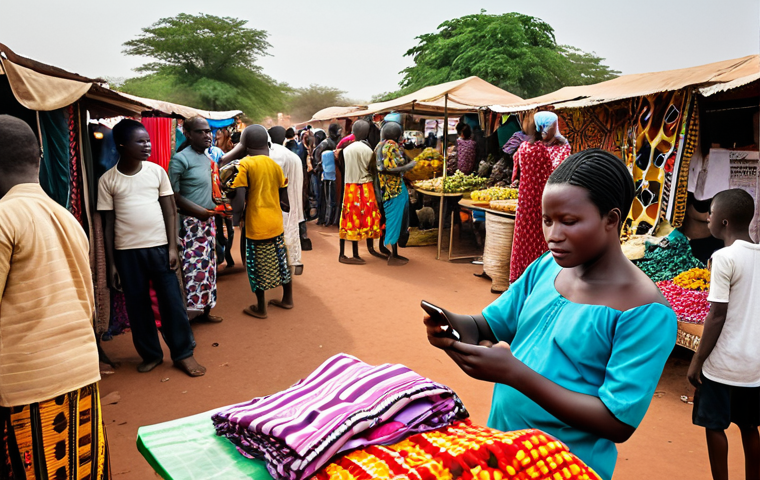 **A Burkinabé market scene:** Focus on a vibrant, bustling market in Burkina Faso. Show vendors using smartphones to conduct mobile money transactions with customers. Include colorful fabrics, local produce, and diverse people. Emphasize the blending of traditional market life with modern technology.
